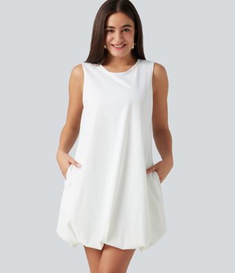 Robe sport mini de danse col rond sans manches coupe boule avec poches Robe sport mini de danse col rond sans manches coupe boule avec poches