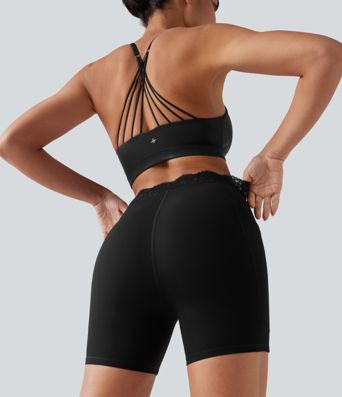 Short de yoga cycliste Halara UltraSculpt™ en dentelle contrastée taille haute et coupe en V, 12,5 cm, avec poches