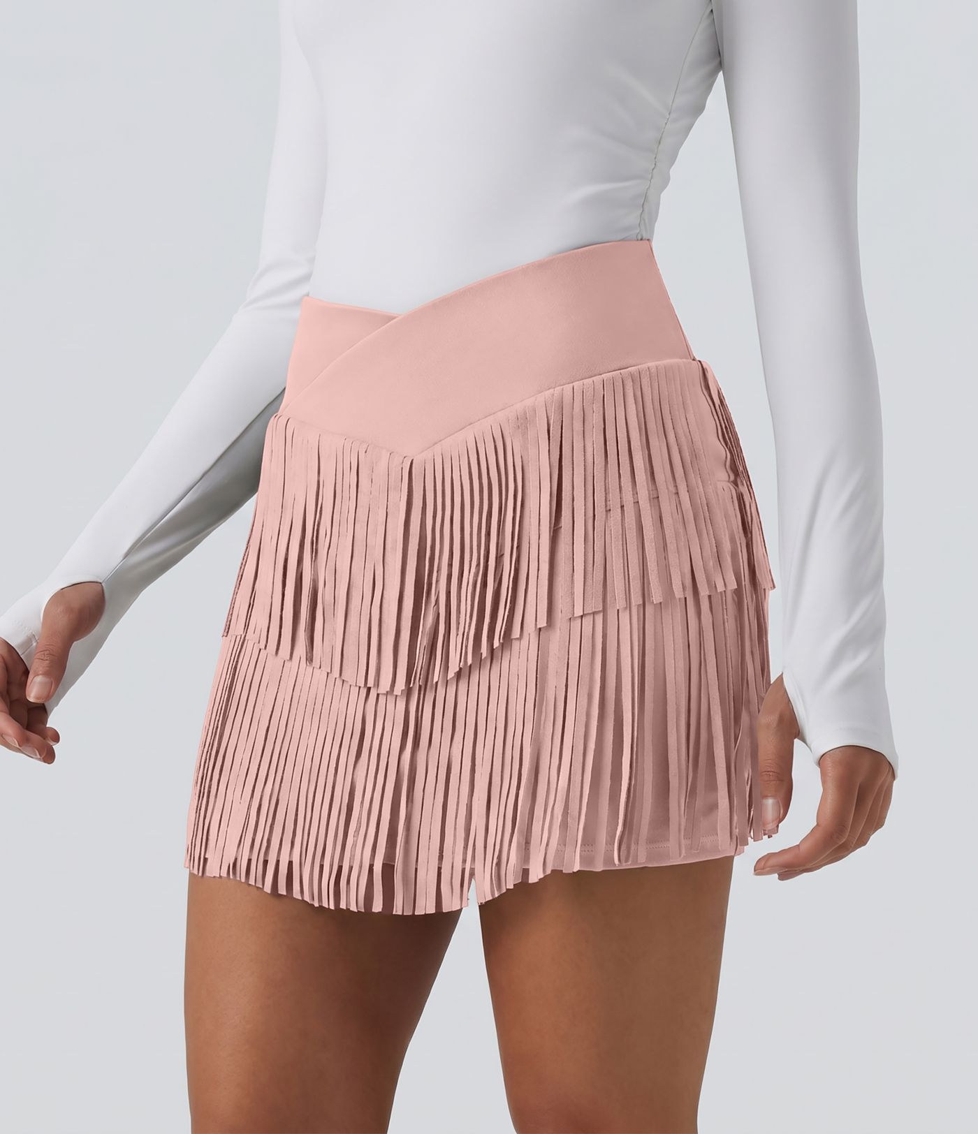 Crossover High Waisted 2-in-1 Fringe Hem Bodycon Mini Suede Party Skirt