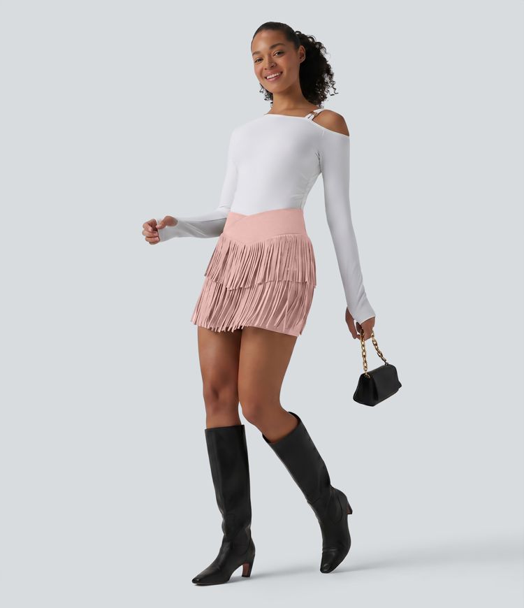 Crossover High Waisted 2-in-1 Fringe Hem Bodycon Mini Suede Party Skirt