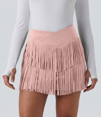 Crossover High Waisted 2-in-1 Fringe Hem Bodycon Mini Suede Party Skirt