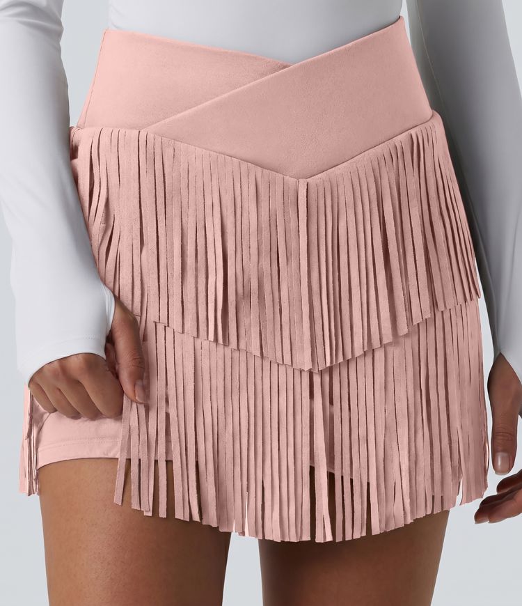 Crossover High Waisted 2-in-1 Fringe Hem Bodycon Mini Suede Party Skirt