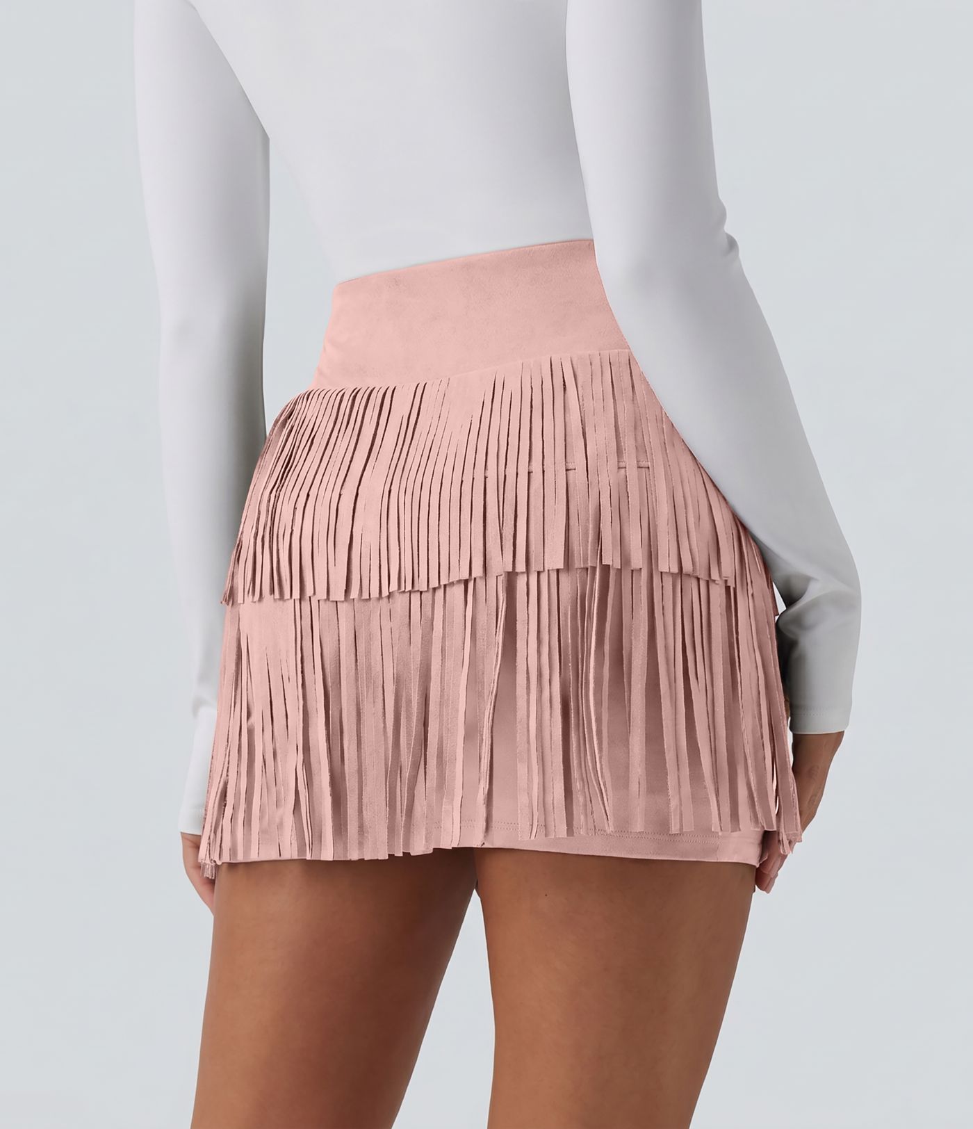 Crossover High Waisted 2-in-1 Fringe Hem Bodycon Mini Suede Party Skirt