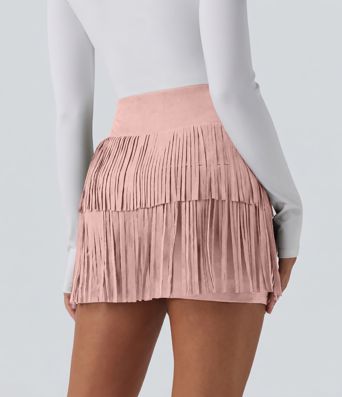 Crossover High Waisted 2-in-1 Fringe Hem Bodycon Mini Suede Party Skirt