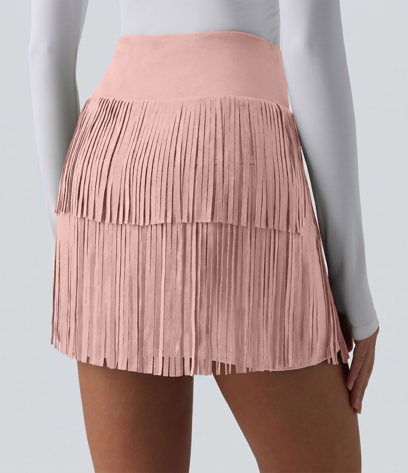 Crossover High Waisted 2-in-1 Fringe Hem Bodycon Mini Suede Party Skirt