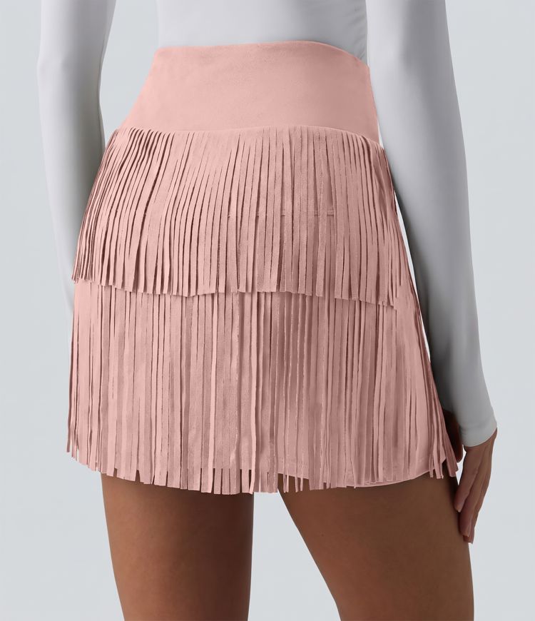 Crossover High Waisted 2-in-1 Fringe Hem Bodycon Mini Suede Party Skirt