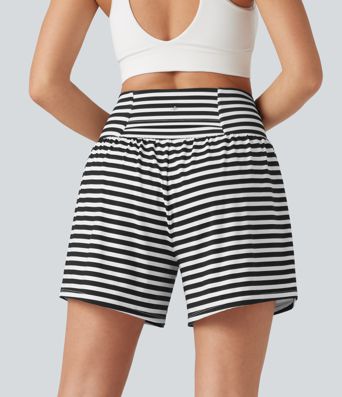 High Waisted 2-in-1 Stripe Shorts 5'' with Pockets