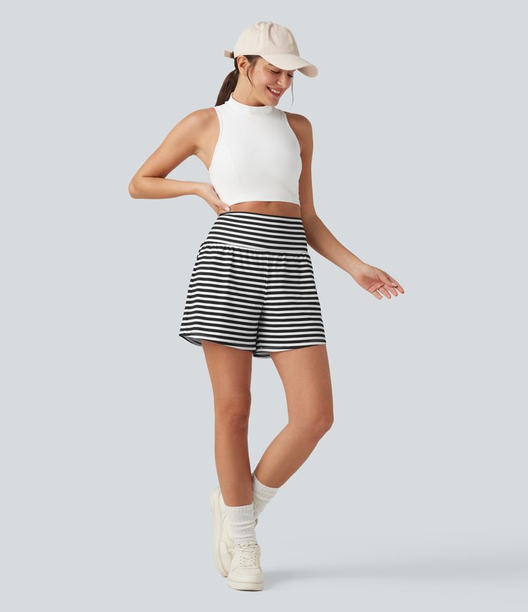 High Waisted 2-in-1 Stripe Shorts 5'' with Pockets