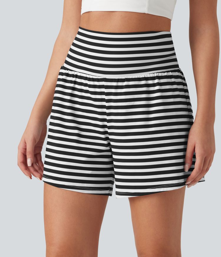 High Waisted 2-in-1 Stripe Shorts 5'' with Pockets