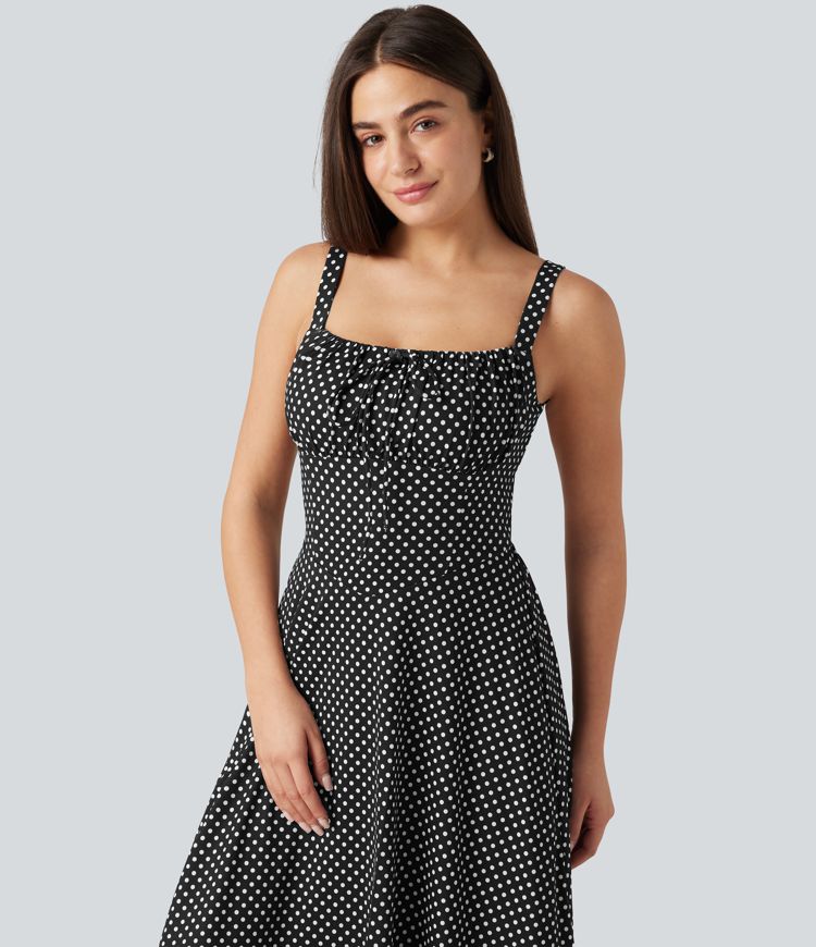 Crisscross Backless Square Neck Sleeveless Ruched Polka Dot Built-in Bra Midi Resort Flowy Dress