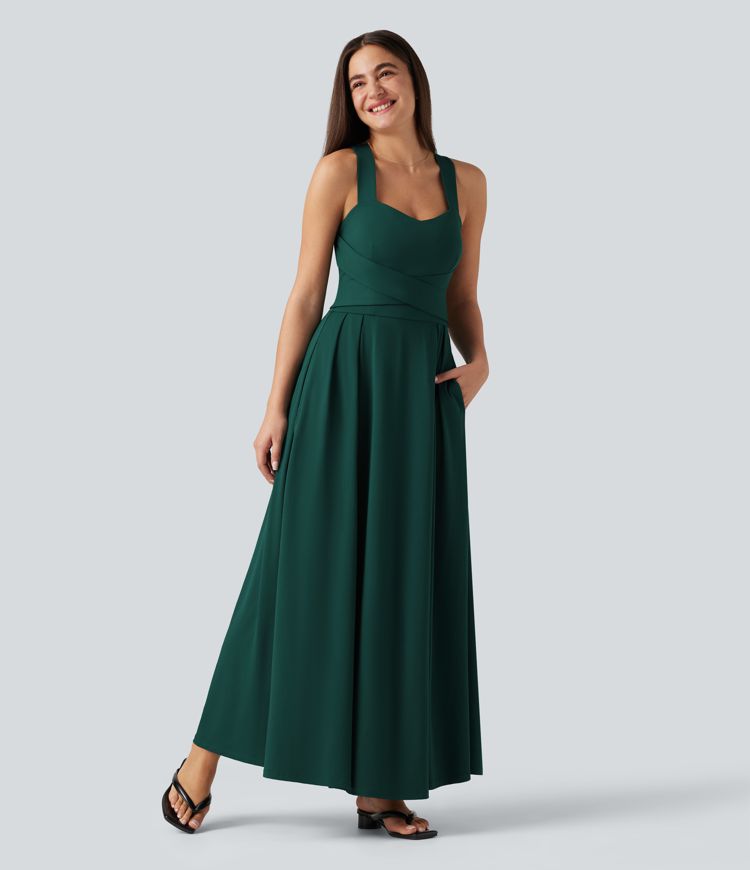 Sweetheart Neck Sleeveless Crisscross Tie-back Maxi Casual Flowy Dress with Pockets