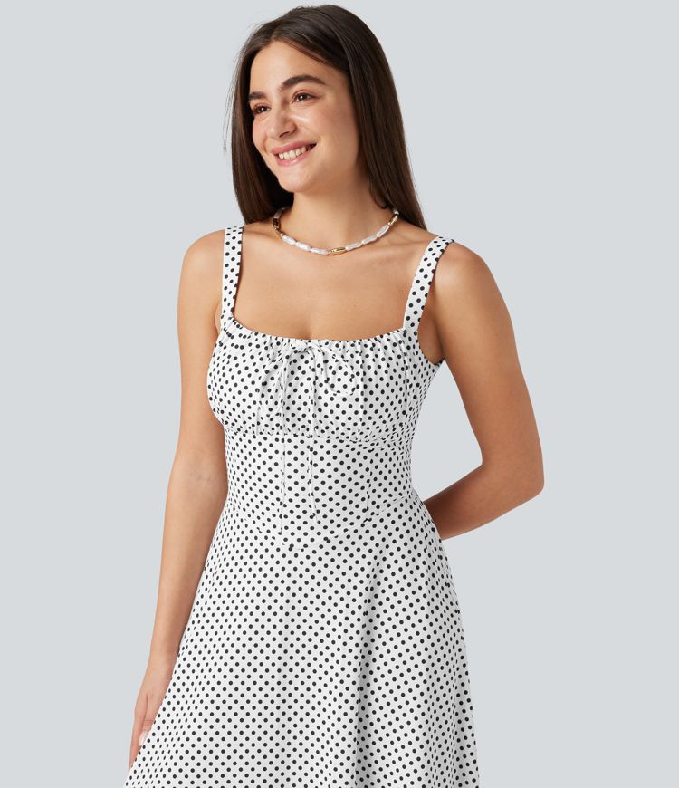 Crisscross Backless Square Neck Sleeveless Ruched Polka Dot Built-in Bra Midi Resort Flowy Dress
