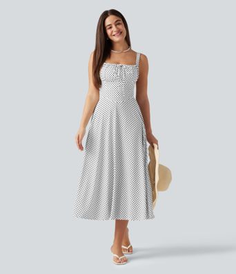 Crisscross Backless Square Neck Sleeveless Ruched Polka Dot Built-in Bra Midi Resort Flowy Dress