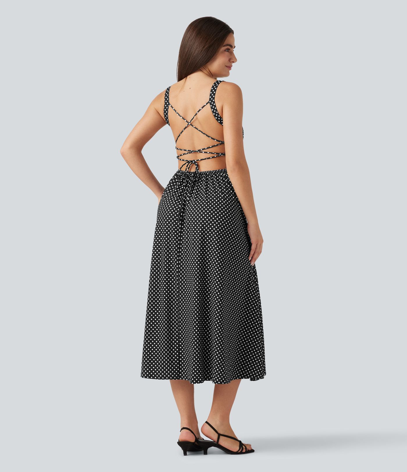 Crisscross Backless Square Neck Sleeveless Ruched Polka Dot Built-in Bra Midi Resort Flowy Dress
