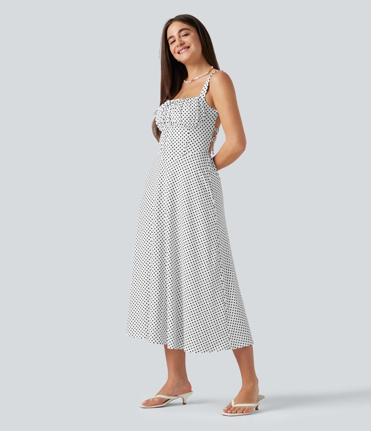 Crisscross Backless Square Neck Sleeveless Ruched Polka Dot Built-in Bra Midi Resort Flowy Dress