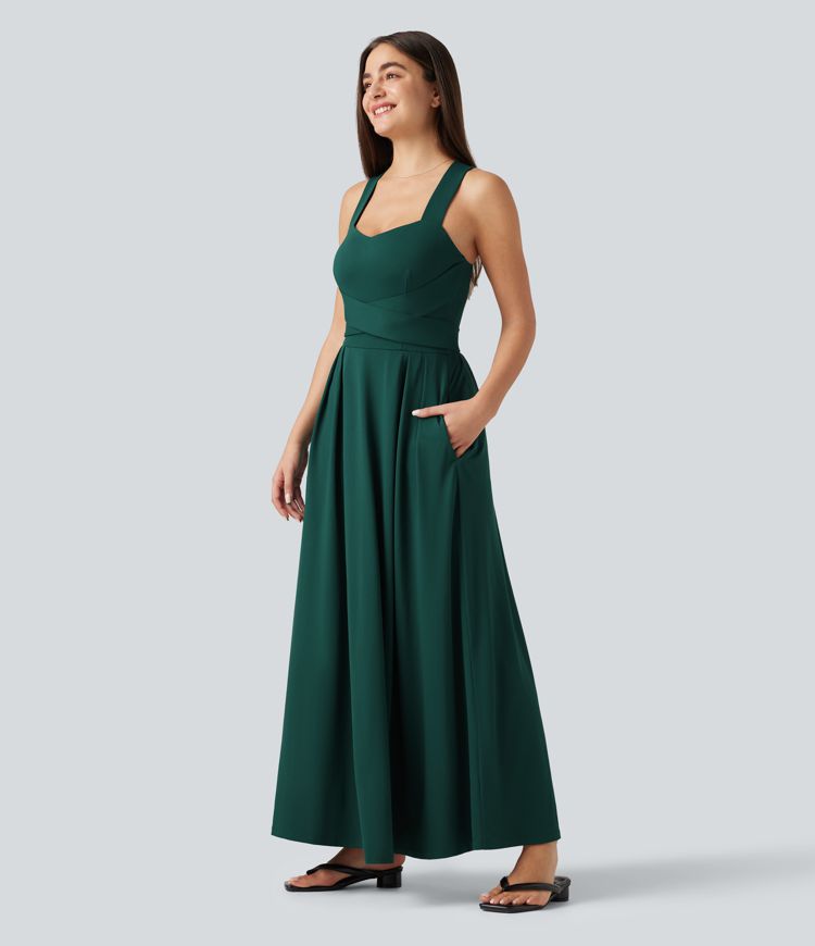 Sweetheart Neck Sleeveless Crisscross Tie-back Maxi Casual Flowy Dress with Pockets