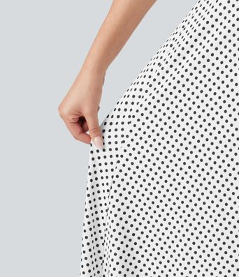 Crisscross Backless Square Neck Sleeveless Ruched Polka Dot Built-in Bra Midi Resort Flowy Dress