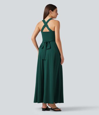 Sweetheart Neck Sleeveless Crisscross Tie-back Maxi Casual Flowy Dress with Pockets