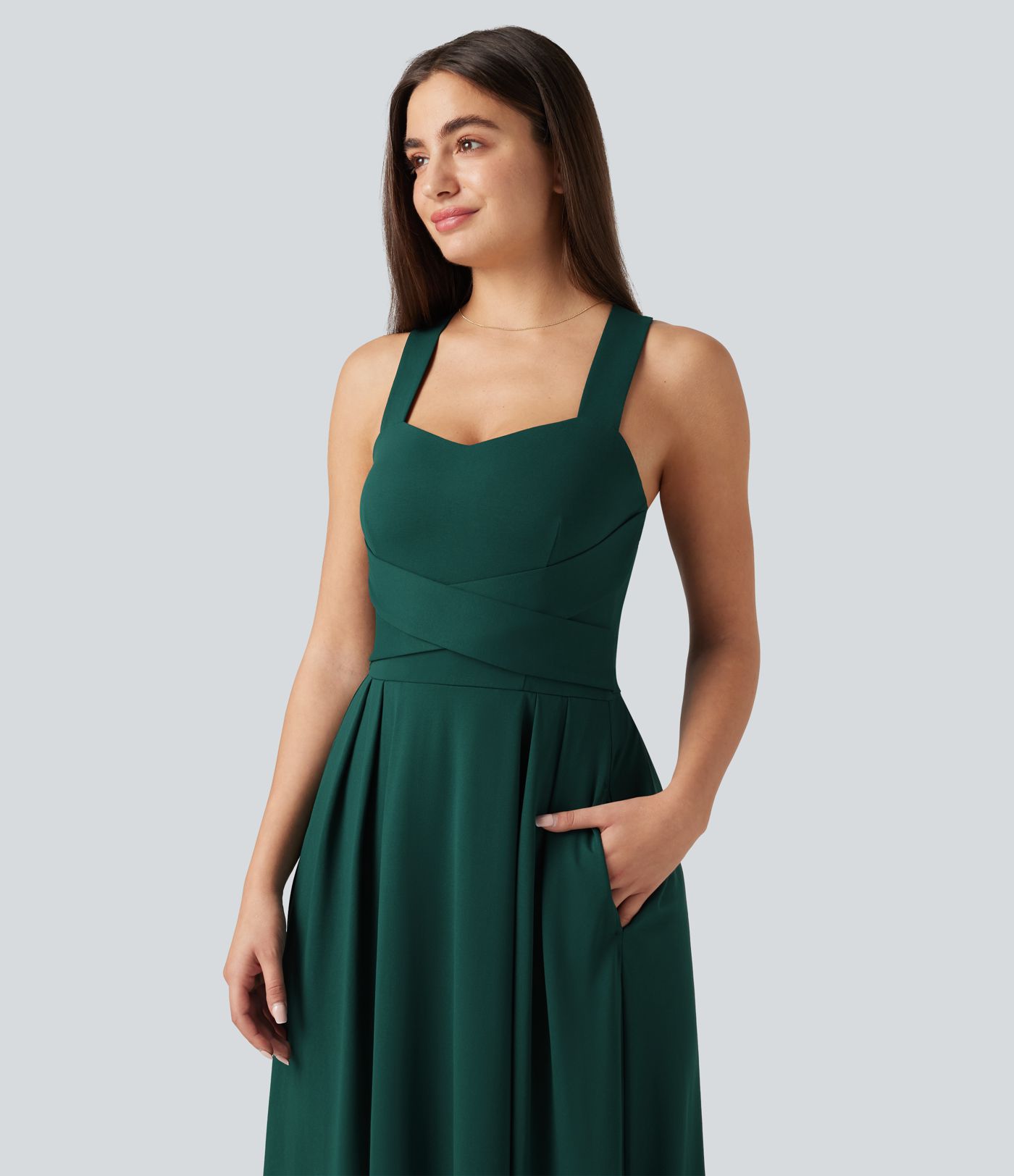 Sweetheart Neck Sleeveless Crisscross Tie-back Maxi Casual Flowy Dress with Pockets