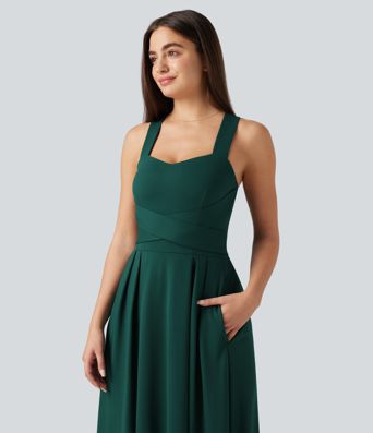 Sweetheart Neck Sleeveless Crisscross Tie-back Maxi Casual Flowy Dress with Pockets