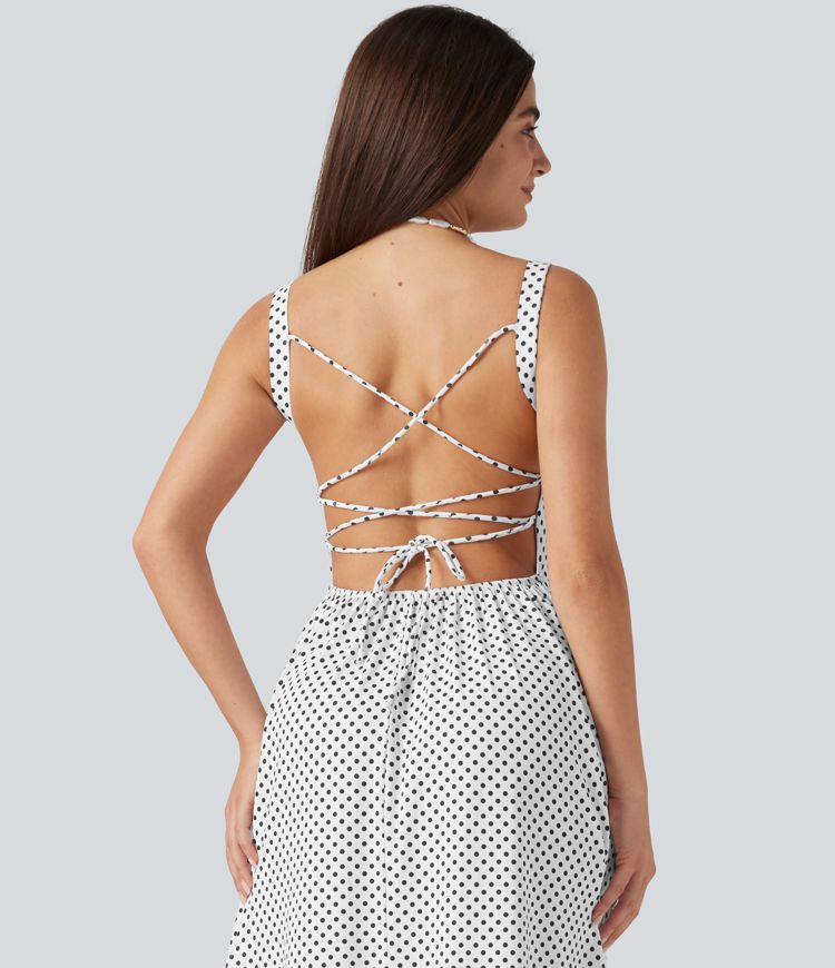 Crisscross Backless Square Neck Sleeveless Ruched Polka Dot Built-in Bra Midi Resort Flowy Dress