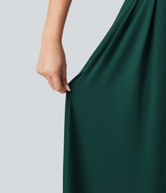 Sweetheart Neck Sleeveless Crisscross Tie-back Maxi Casual Flowy Dress with Pockets