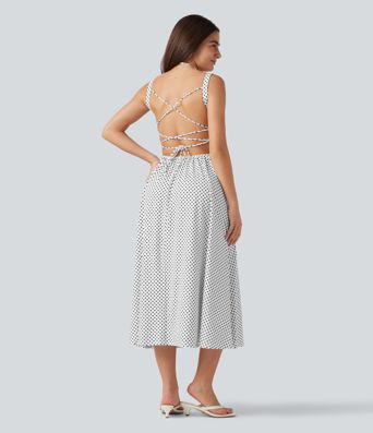 Crisscross Backless Square Neck Sleeveless Ruched Polka Dot Built-in Bra Midi Resort Flowy Dress