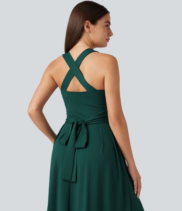 Sweetheart Neck Sleeveless Crisscross Tie-back Maxi Casual Flowy Dress with Pockets