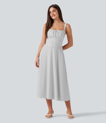 Crisscross Backless Square Neck Sleeveless Ruched Polka Dot Built-in Bra Midi Resort Flowy Dress