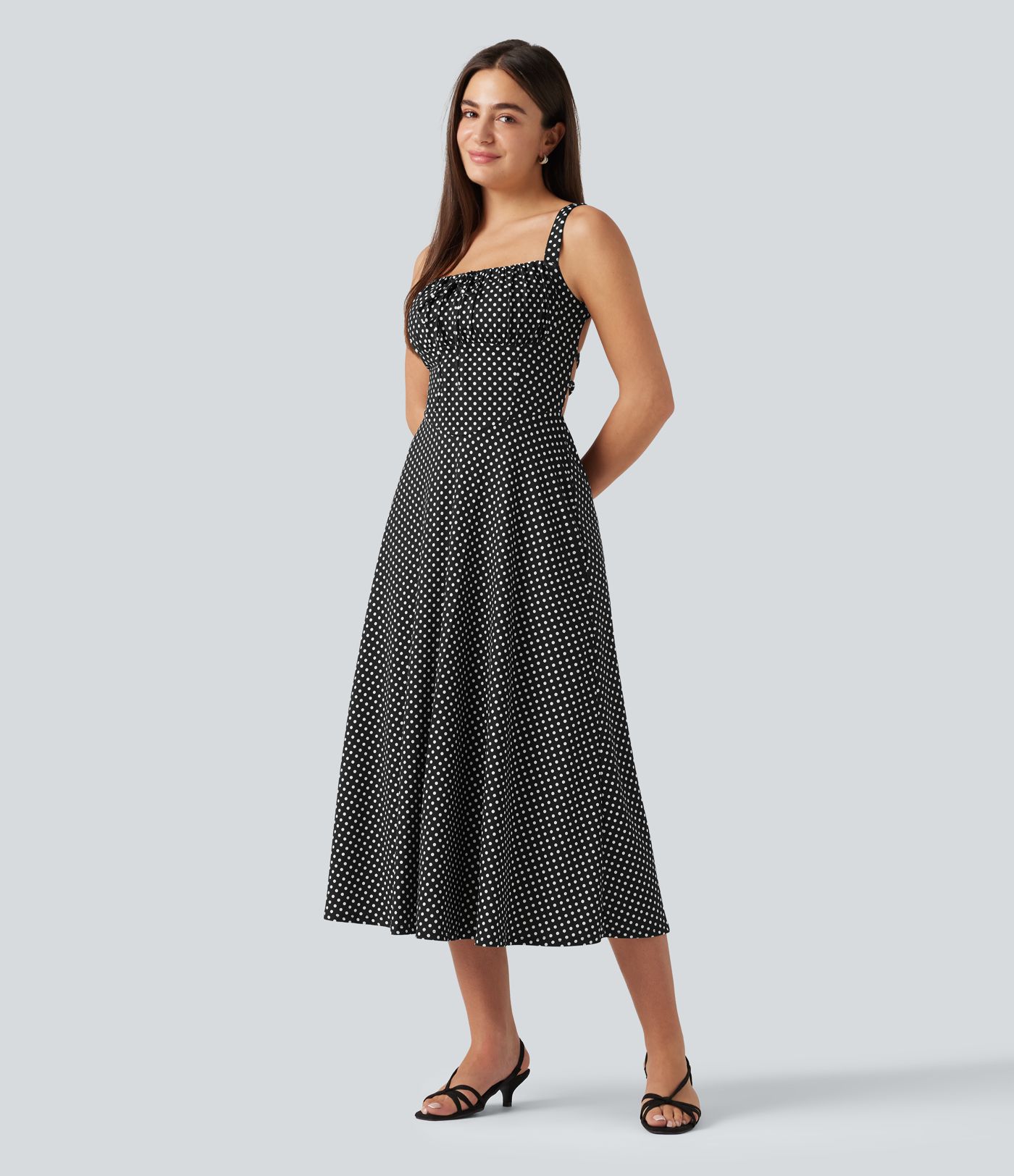 Crisscross Backless Square Neck Sleeveless Ruched Polka Dot Built-in Bra Midi Resort Flowy Dress