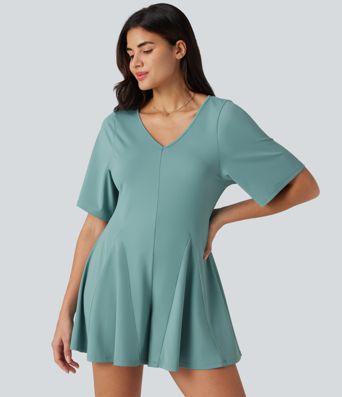 Combinaison courte décontractée col V manches courtes dos avec découpe