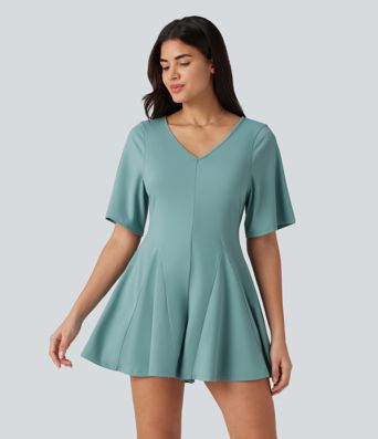 Combinaison courte décontractée col V manches courtes dos avec découpe