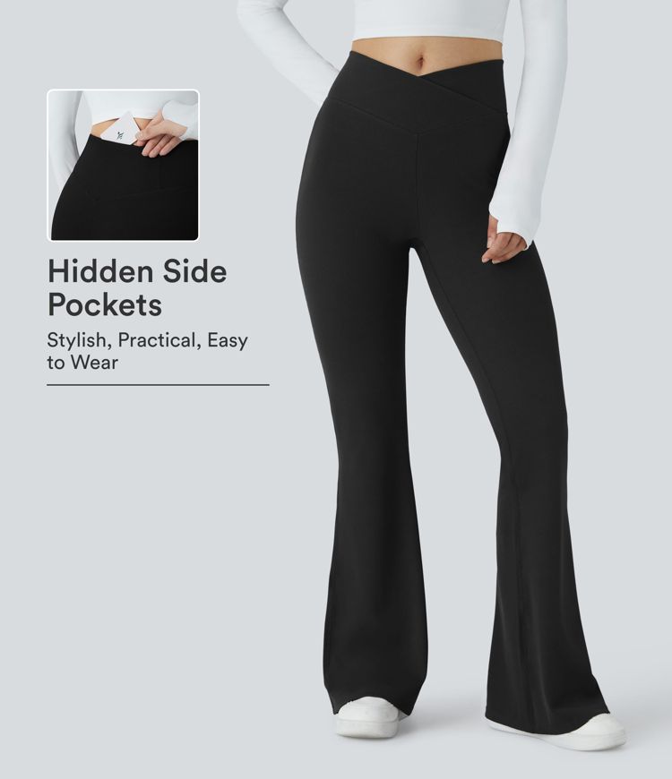 Women's Crossover High Waisted Pocket Waffle Casual Flare Pants