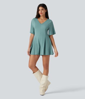 Combinaison courte décontractée col V manches courtes dos avec découpe