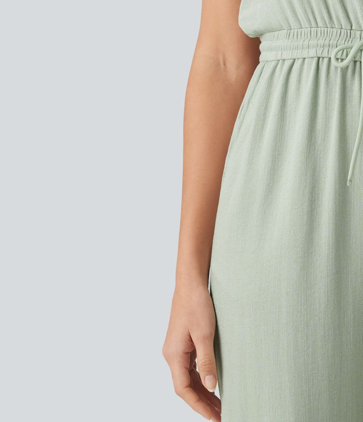 Round Neck Sleeveless Drawstring Linen-Feel Casual Jumpsuit with Pockets