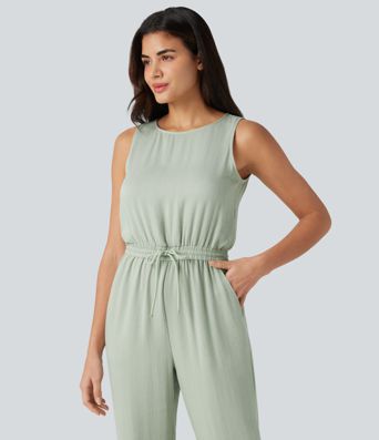 Round Neck Sleeveless Drawstring Linen-Feel Casual Jumpsuit with Pockets