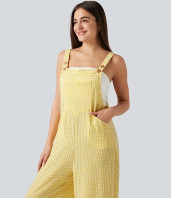 Lässige Latzhose in Leinenoptik mit mehreren Taschen und Karomuster Lässige Latzhose in Leinenoptik mit mehreren Taschen und Karomuster