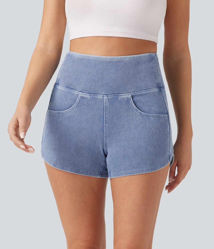 Halara Flex™ - Lässige Denim-Shorts mit hohem Bund, Seitentaschen, Bauchkontrolle und abgerundetem Saum
