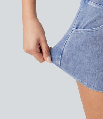 Halara Flex™ - Lässige Denim-Shorts mit hohem Bund, Seitentaschen, Bauchkontrolle und abgerundetem Saum