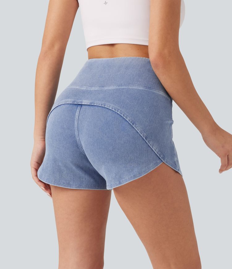 Halara Flex™ - Lässige Denim-Shorts mit hohem Bund, Seitentaschen, Bauchkontrolle und abgerundetem Saum