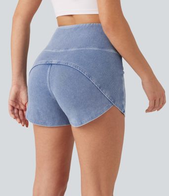 Halara Flex™ - Lässige Denim-Shorts mit hohem Bund, Seitentaschen, Bauchkontrolle und abgerundetem Saum