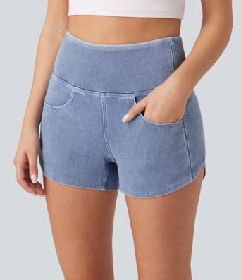Halara Flex™ - Lässige Denim-Shorts mit hohem Bund, Seitentaschen, Bauchkontrolle und abgerundetem Saum