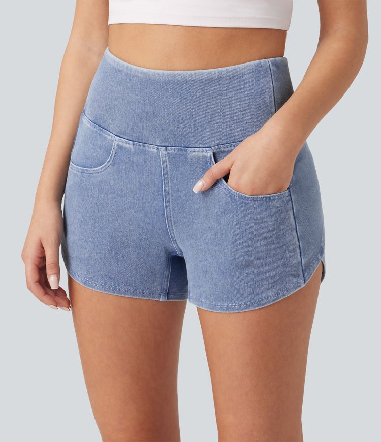 Halara Flex™ - Lässige Denim-Shorts mit hohem Bund, Seitentaschen, Bauchkontrolle und abgerundetem Saum