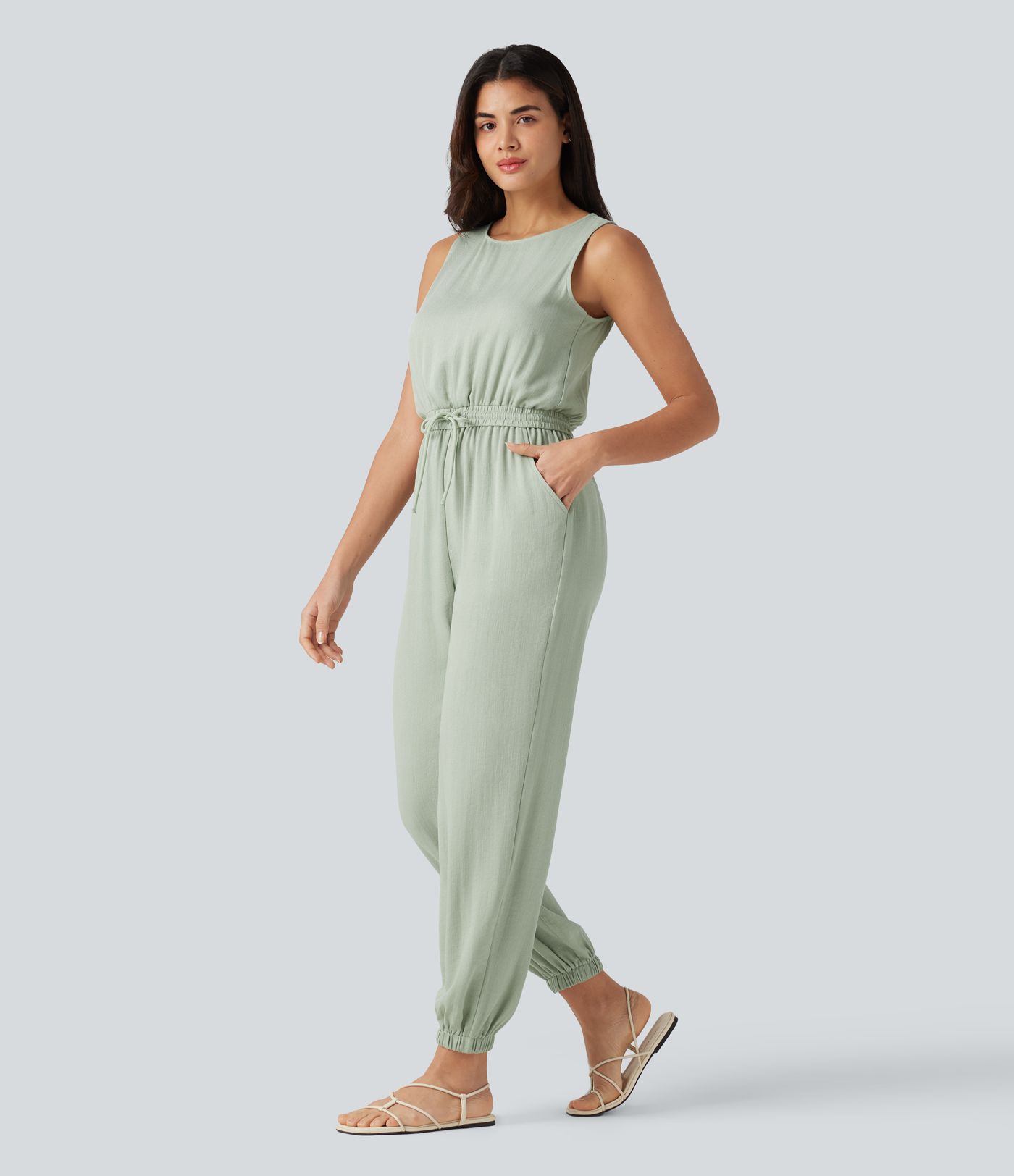 Round Neck Sleeveless Drawstring Linen-Feel Casual Jumpsuit with Pockets