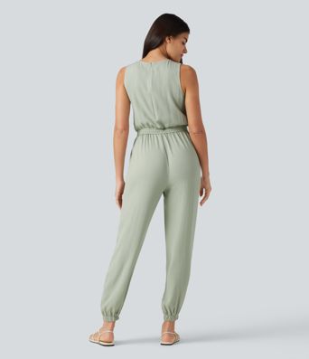 Round Neck Sleeveless Drawstring Linen-Feel Casual Jumpsuit with Pockets