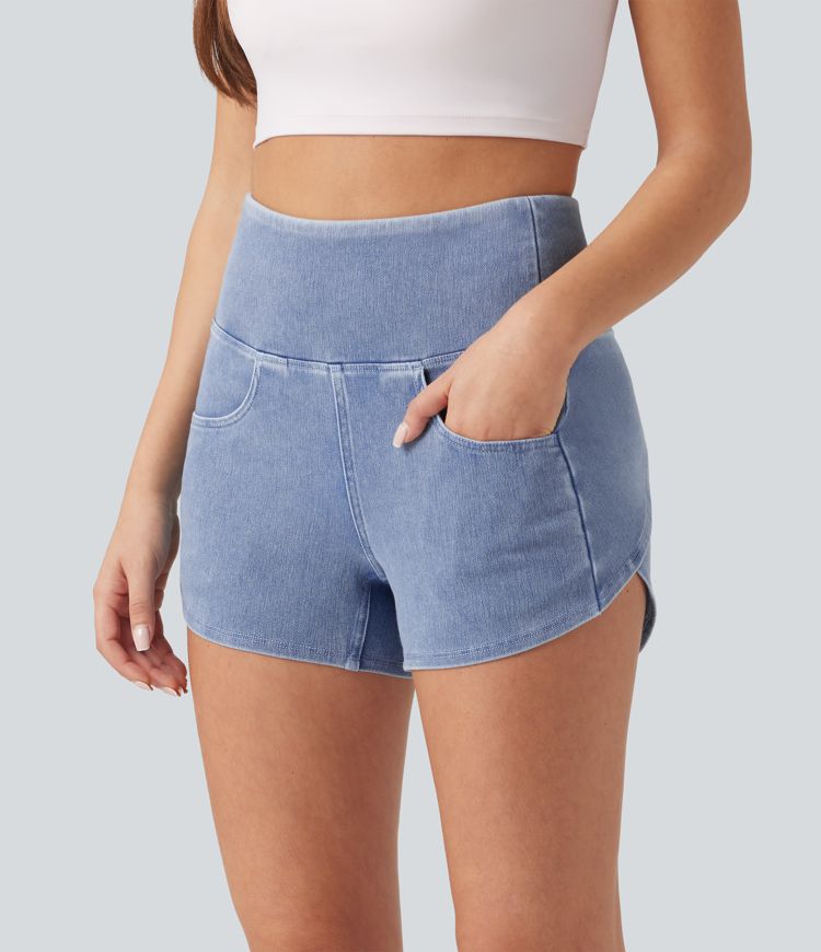 Halara Flex™ - Lässige Denim-Shorts mit hohem Bund, Seitentaschen, Bauchkontrolle und abgerundetem Saum