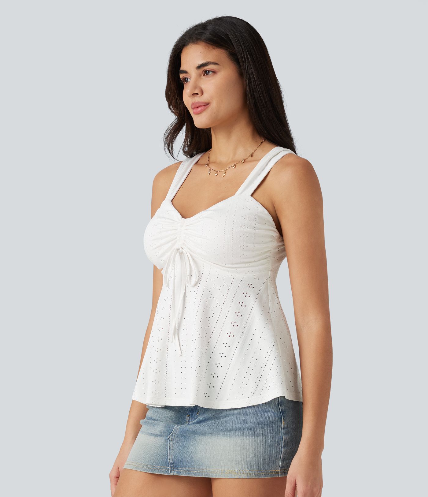 Ruched Drawstring Built-in Bra Eyelet Casual Tank Top