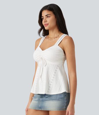 Ruched Drawstring Built-in Bra Eyelet Casual Tank Top