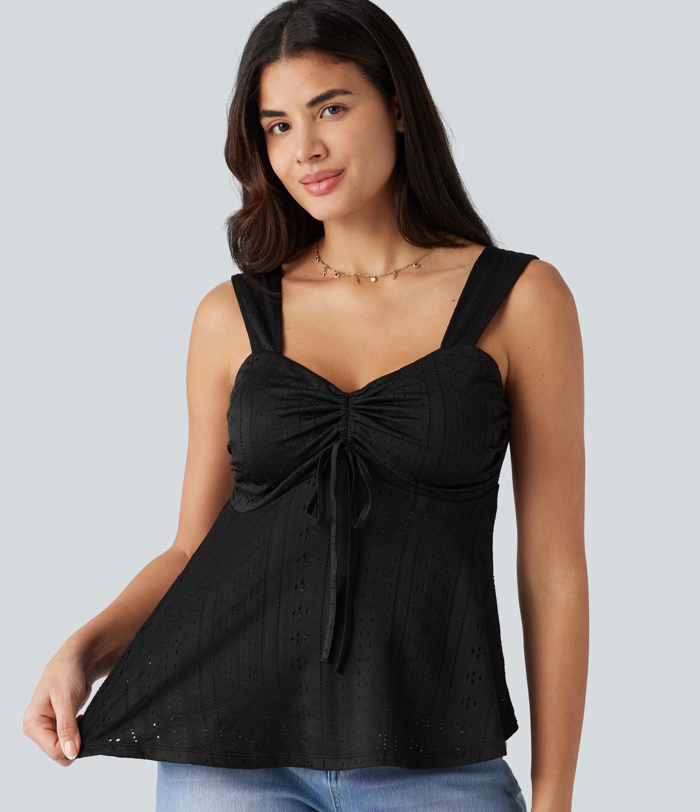 Débardeur décontracté froncé avec cordon de serrage, broderie anglaise et soutien-gorge intégré Débardeur décontracté froncé avec cordon de serrage, broderie anglaise et soutien-gorge intégré