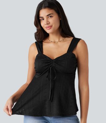 Débardeur décontracté froncé avec cordon de serrage, broderie anglaise et soutien-gorge intégré Débardeur décontracté froncé avec cordon de serrage, broderie anglaise et soutien-gorge intégré